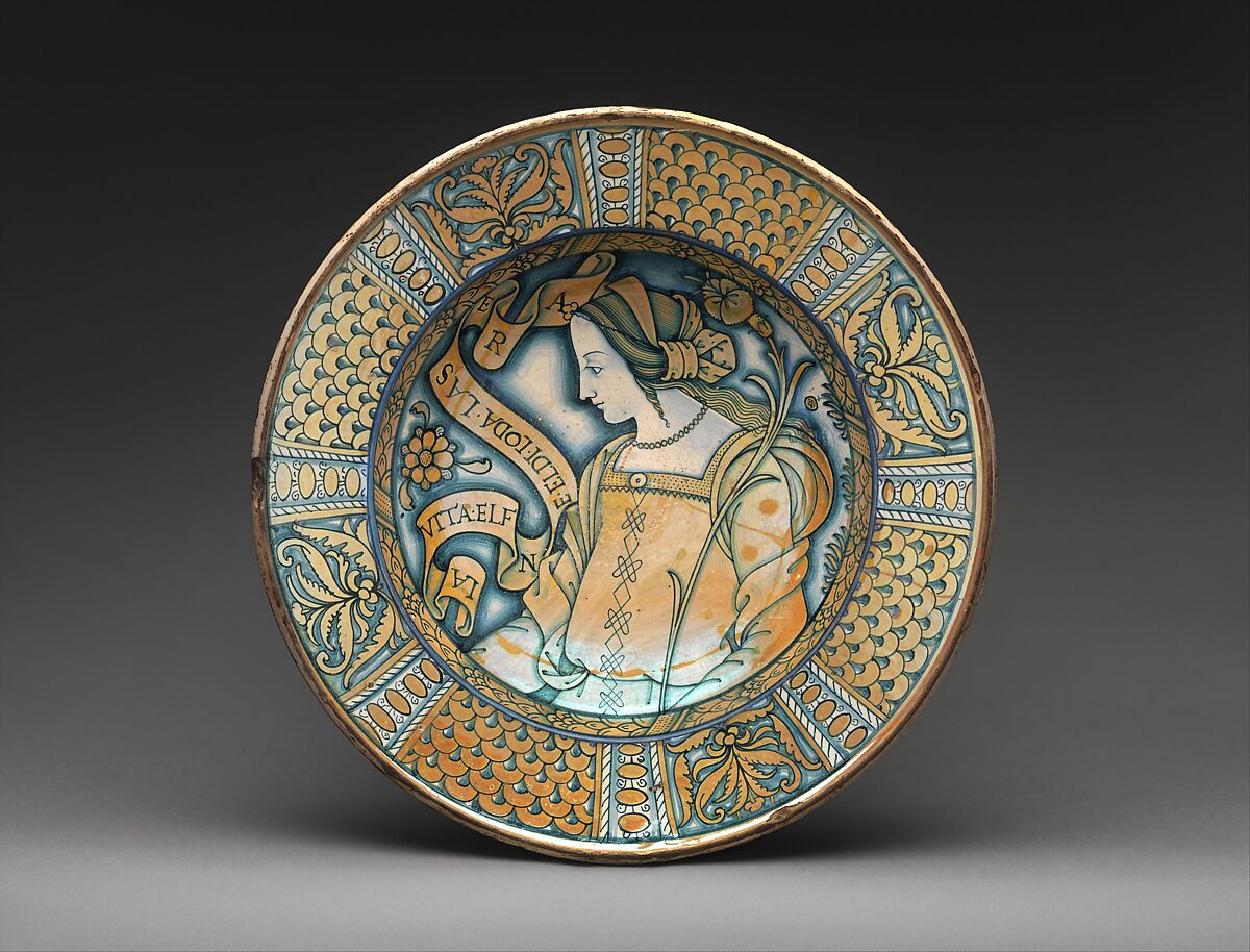 Dish with profile of a woman with Petrarchan verse, Maiolica (tin-glazed earthenware), lustered, Italian, Deruta 