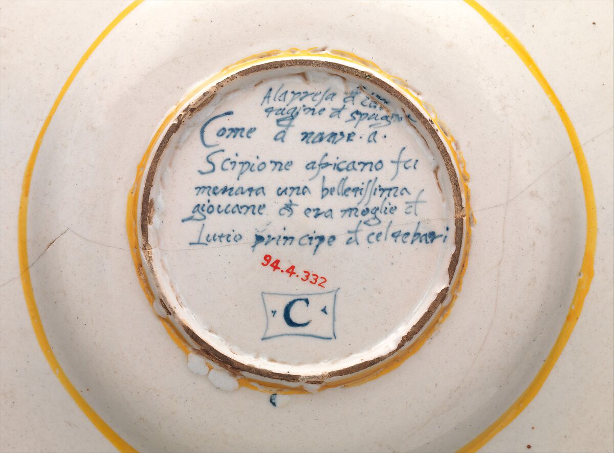 Plate with The Continence of Scipio, Francesco Durantino (Italian, active 16th century)  , possibly with collaborator, Maiolica (tin-glazed earthenware), Italian, probably Urbino