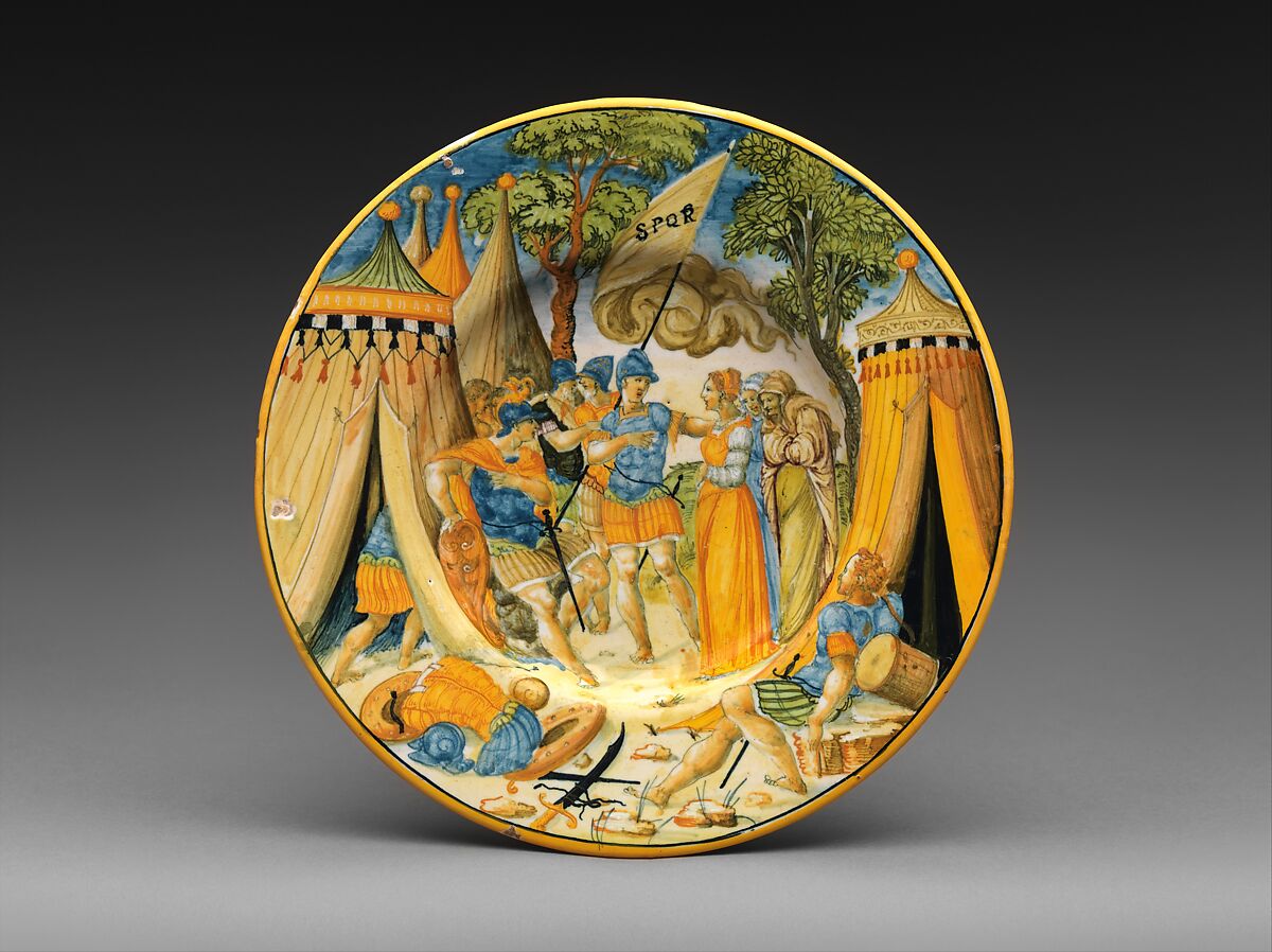 Plate with The Continence of Scipio, Francesco Durantino (Italian, active 16th century)  , possibly with collaborator, Maiolica (tin-glazed earthenware), Italian, probably Urbino 