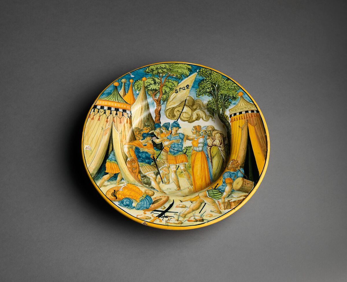 Plate with The Continence of Scipio, Francesco Durantino (Italian, active 16th century)  , possibly with collaborator, Maiolica (tin-glazed earthenware), Italian, probably Urbino
