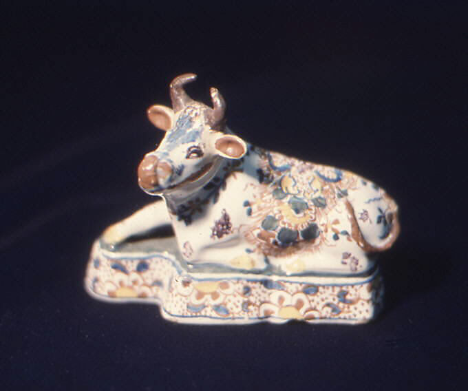 Pair of reclining cows, Tin-glazed earthenware, Dutch, Delft