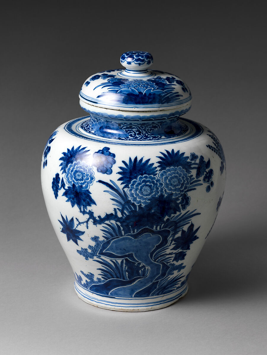 Jar with chrysanthemums and rocks, De drie Vergulde Astonnenkens, Tin-glazed earthenware painted with cobalt blue pigment (Delft ware), Dutch, Delft 