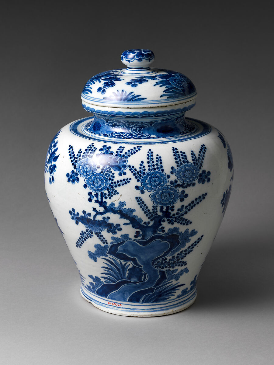 Jar with chrysanthemums and rocks, De drie Vergulde Astonnenkens, Tin-glazed earthenware painted with cobalt blue pigment (Delft ware), Dutch, Delft