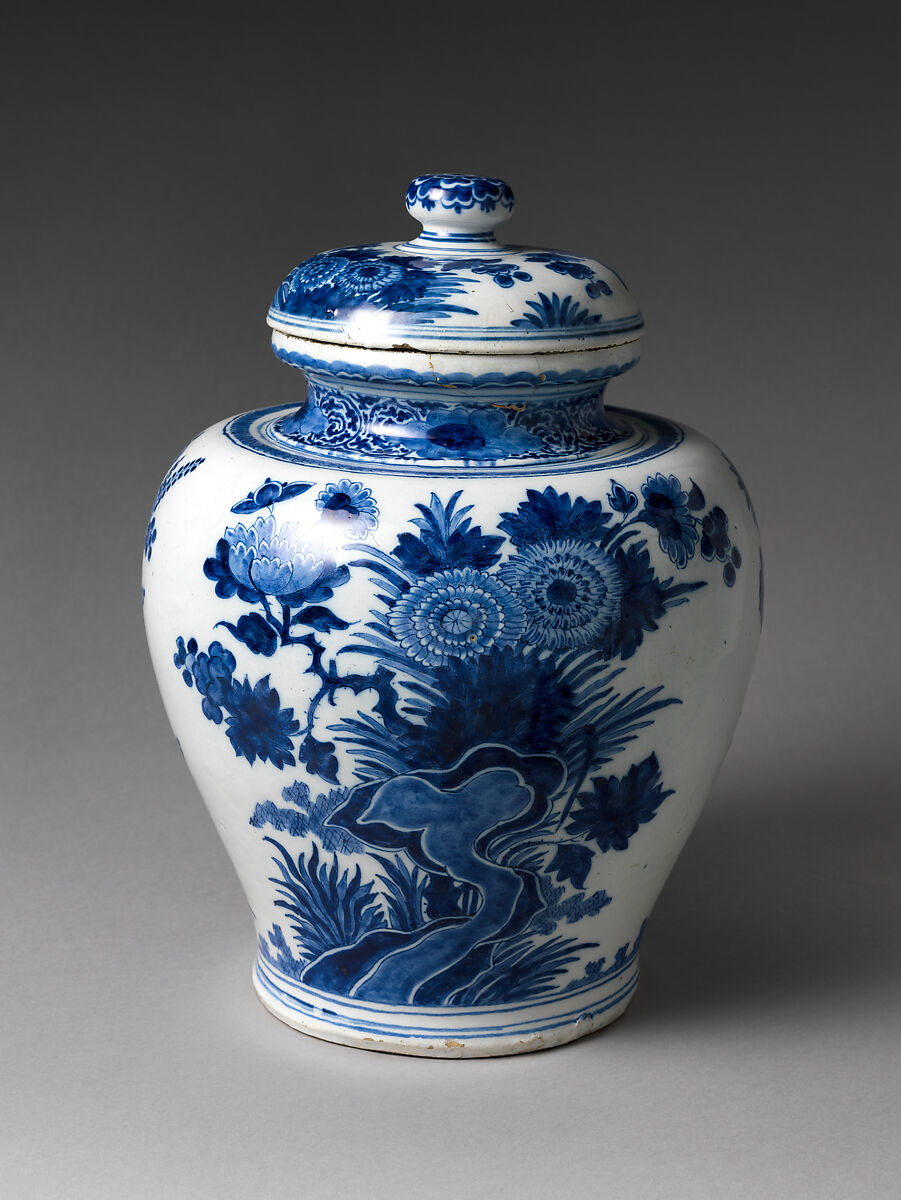 Jar with chrysanthemums and rocks, De drie Vergulde Astonnenkens, Tin-glazed earthenware painted with cobalt blue pigment (Delft ware), Dutch, Delft