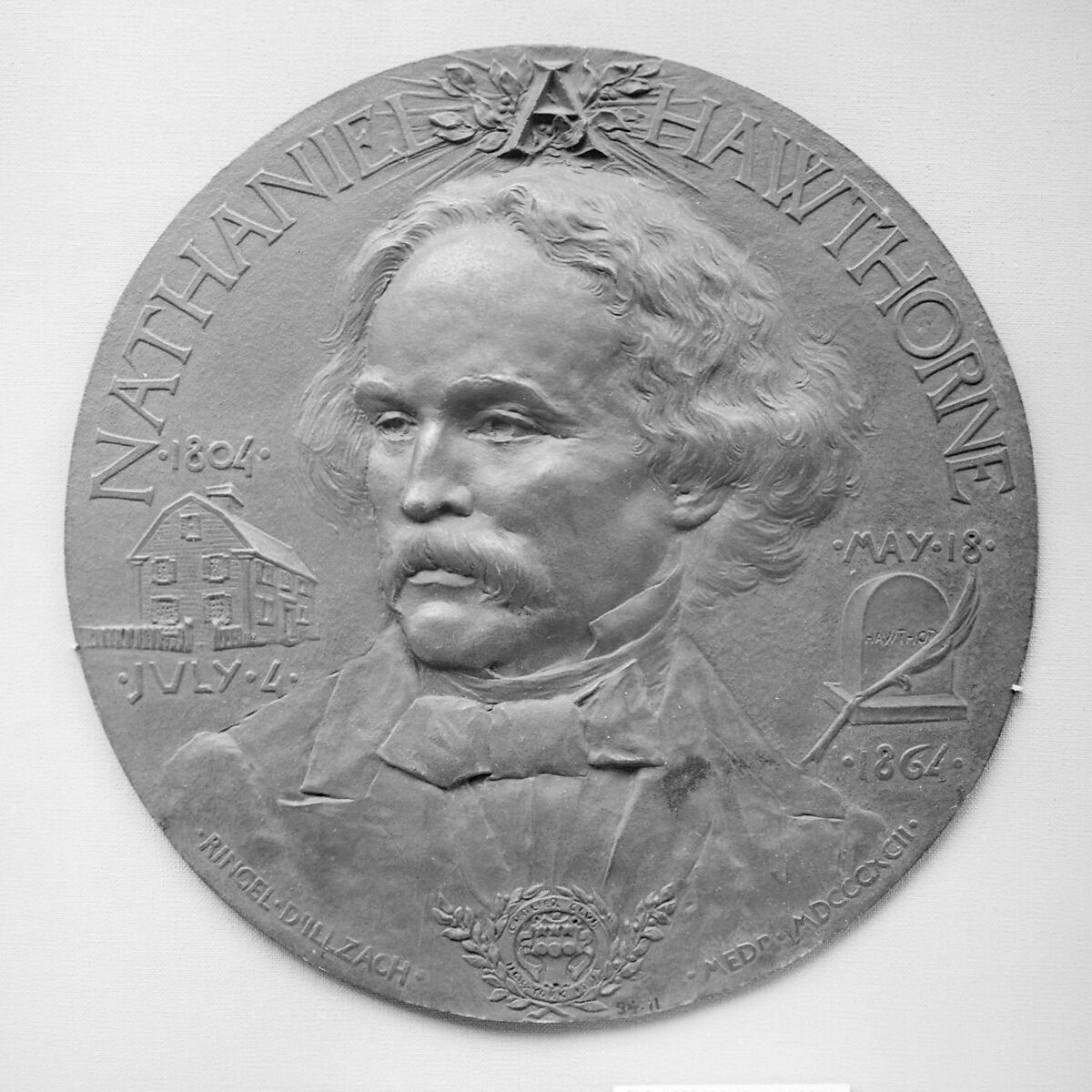 Portrait of Nathaniel Hawthorne, Executed for the Grolier Club, New York, 1892, Medalist: Jean-Désiré Ringel d&#39;Illzach (Alsace 1847–1916 Strasbourg), Bronze, cast, French 