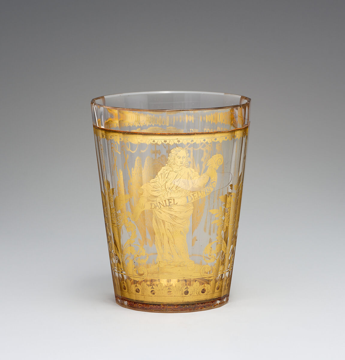 Beaker, Glass, double walled, with decoration in gold leaf, engraved (Zwischengold glass), Bohemian
