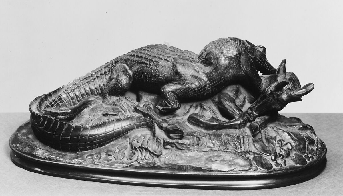 Crocodile Devouring Antelope, Antoine-Louis Barye (French, Paris 1795–1875 Paris), Bronze, French 