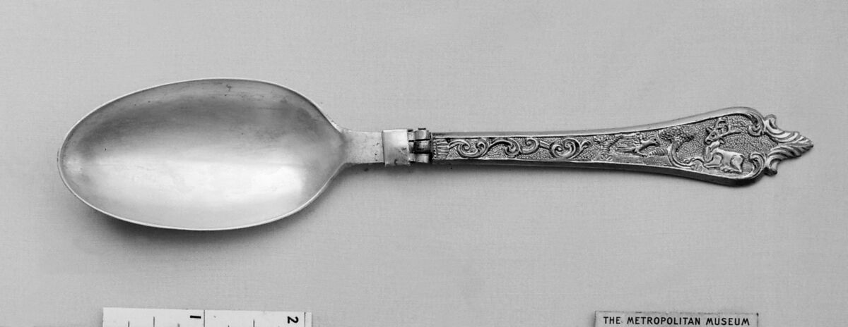 Folding spoon, Bowl and shank: silver; handle: steel gilt, German 