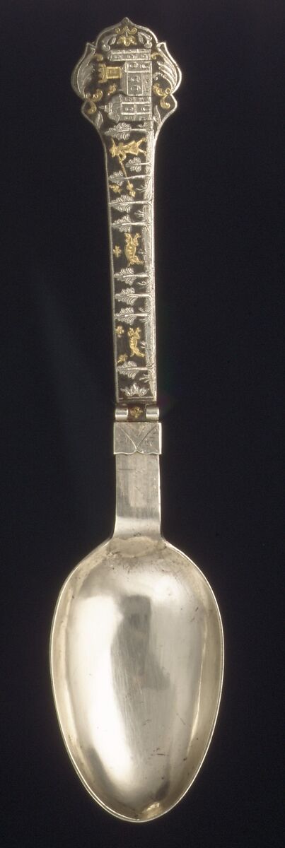 Folding spoon, Probably by Johann Adam Boller (ca. 1706), Nielloed steel with silver and gold inlays, German, Frankfurt 