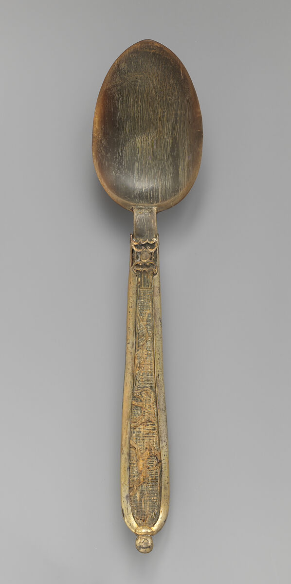 Spoon with carved ibex decoration, Horn (probably ibex [steinbock]), pearl and gilt-brass, Southern German 