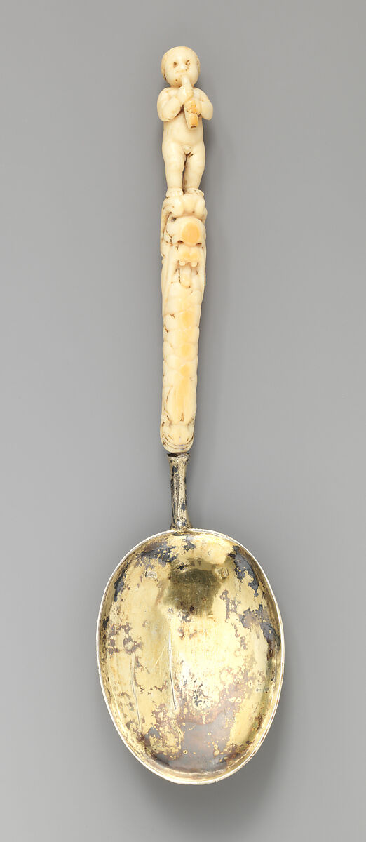 Spoon with handle carved with putto playing a pipe, Silver gilt, ivory, Swedish, Stockholm 