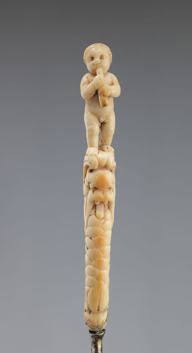 Spoon with handle carved with putto playing a pipe, Silver gilt, ivory, Swedish, Stockholm