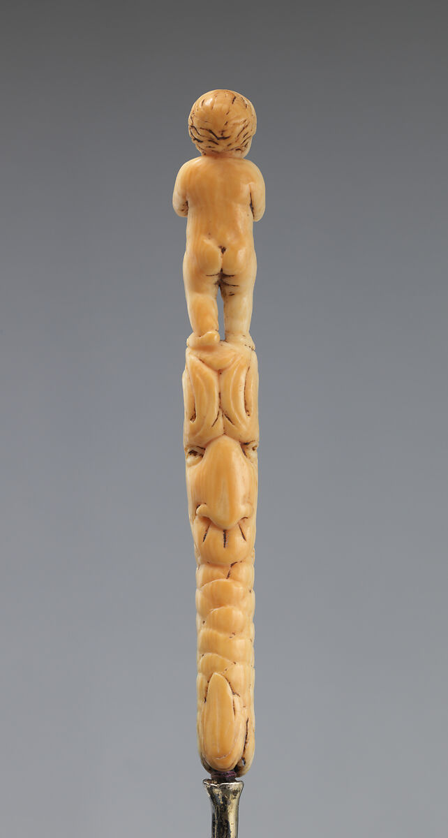 Spoon with handle carved with putto playing a pipe, Silver gilt, ivory, Swedish, Stockholm