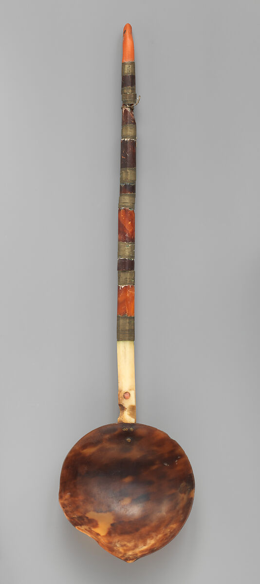 Spoon, Tortoiseshell, coral, brass, amber, and bone, possibly Italian 