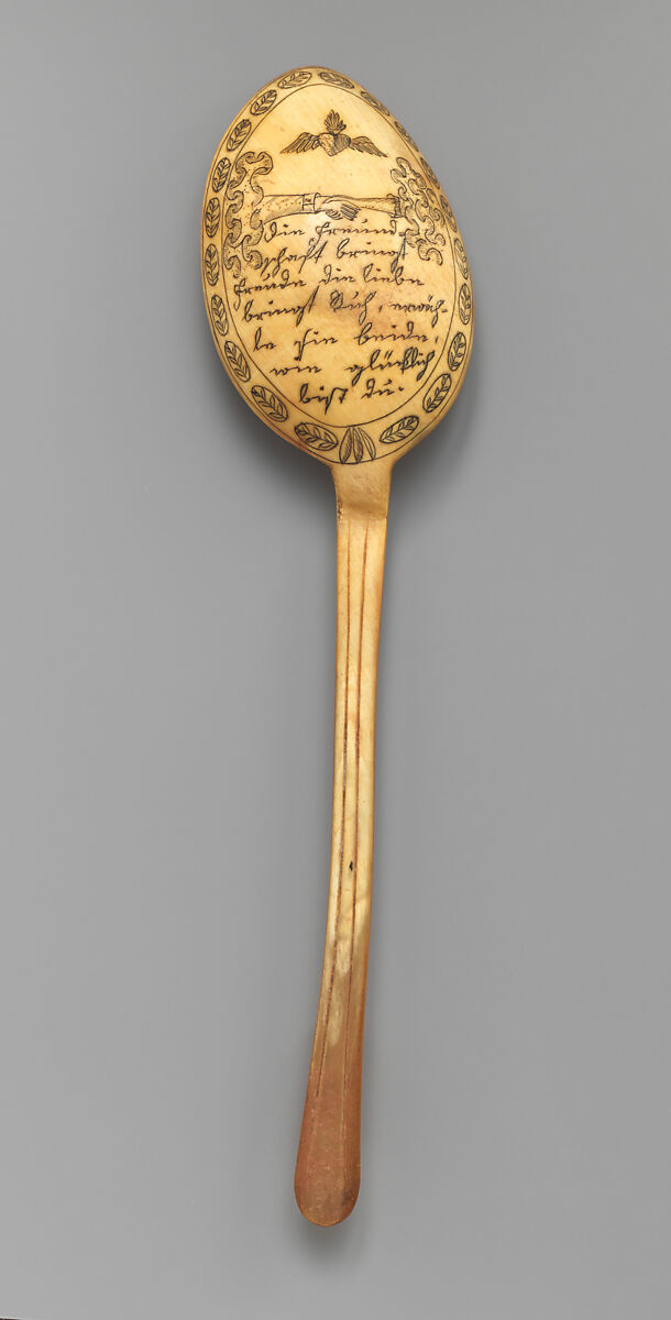 Spoon with flaming heart and romantic inscription, Horn, German 