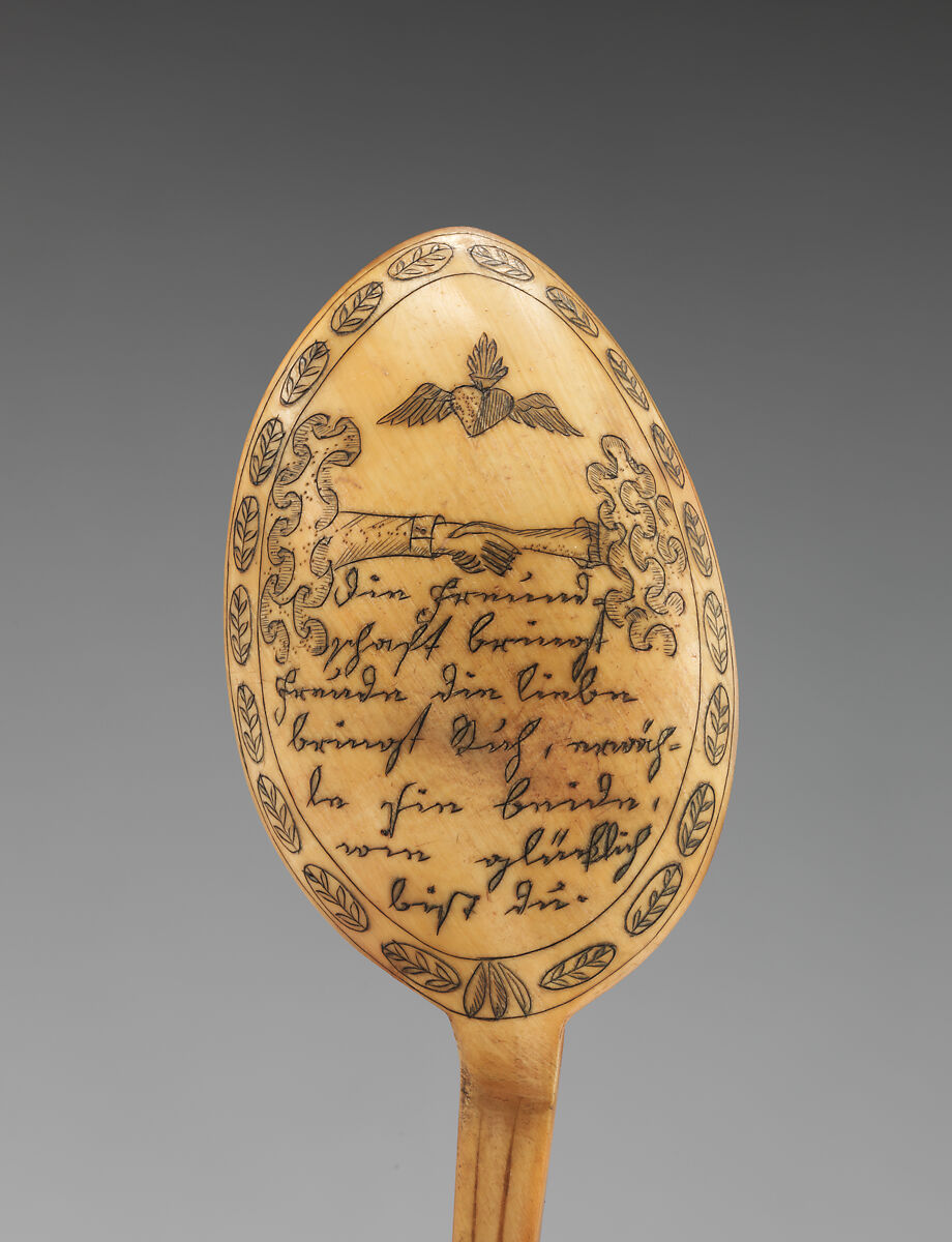 Spoon with flaming heart and romantic inscription, Horn, German