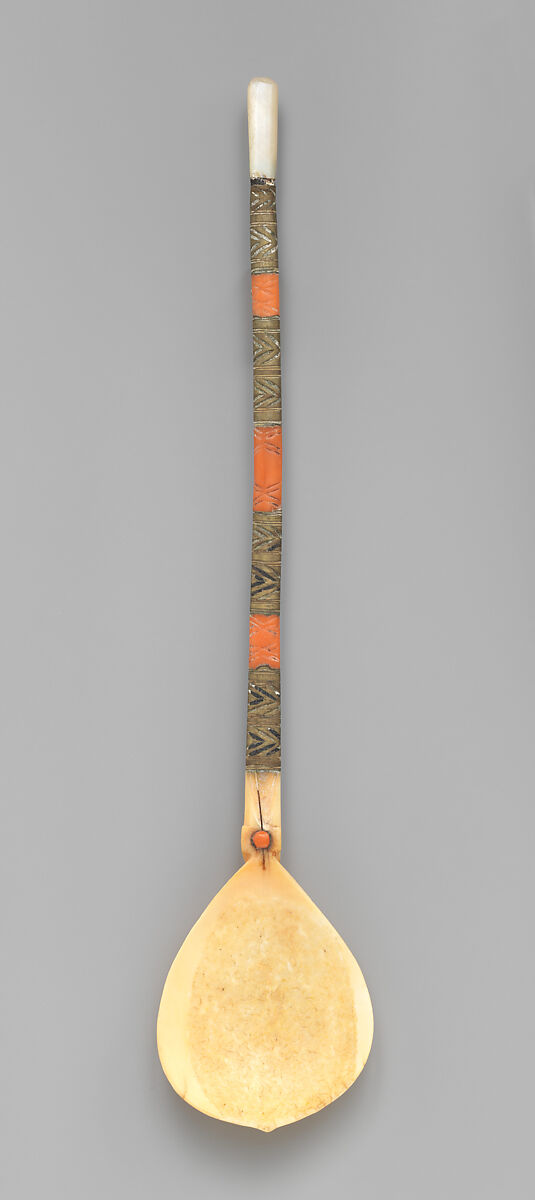 Spoon, Bone, brass, coral, and mother-of-pearl, probably Southern Italian or possibly Sicilian 
