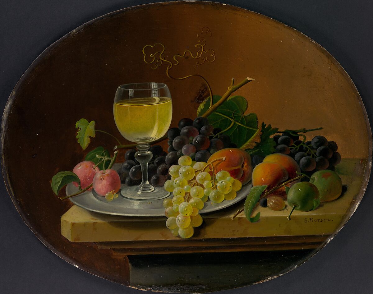Still Life Fruit and Wine Glass, Severin Roesen (American (born Prussia), Boppard-am-Rhein 1816–72?), Oil on board with gold leaf frame, American 