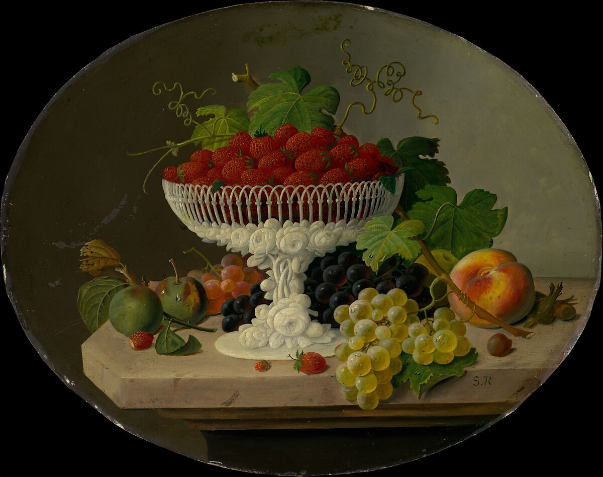 Still Life with Strawberries in a Compote, Severin Roesen (American (born Prussia), Boppard-am-Rhein 1816–72?), Oil on board with gold leaf frame, American 