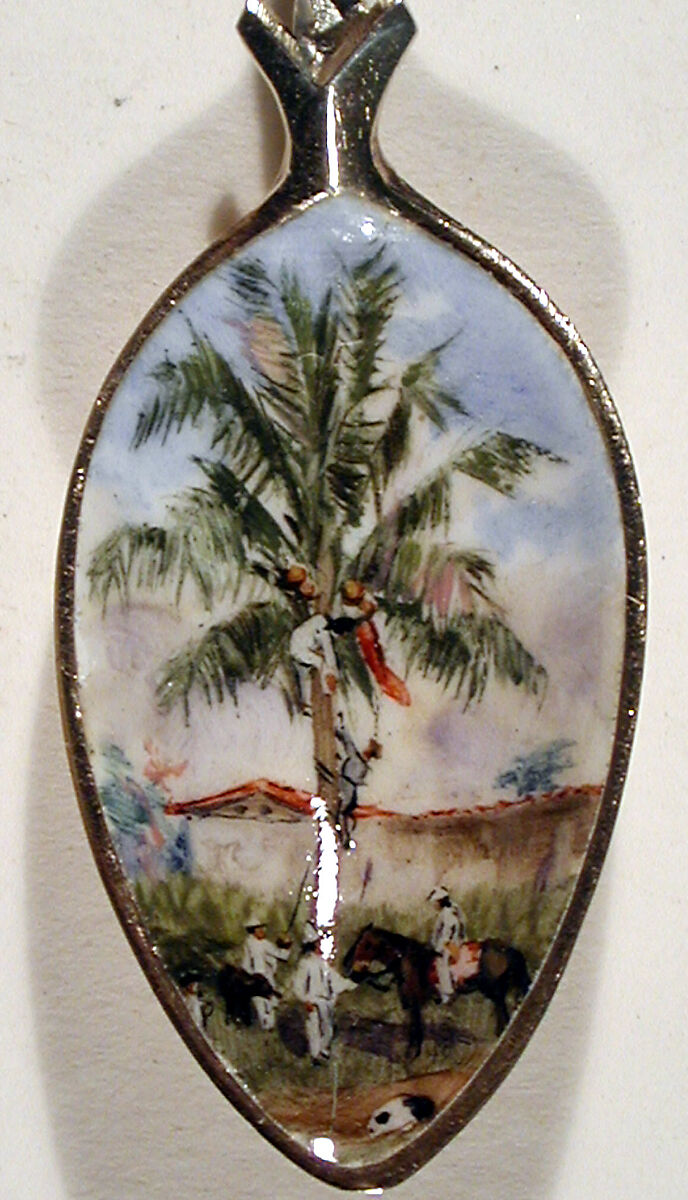 Souvenir spoon with view of Havana countryside, Silver gilt, enamel, European
