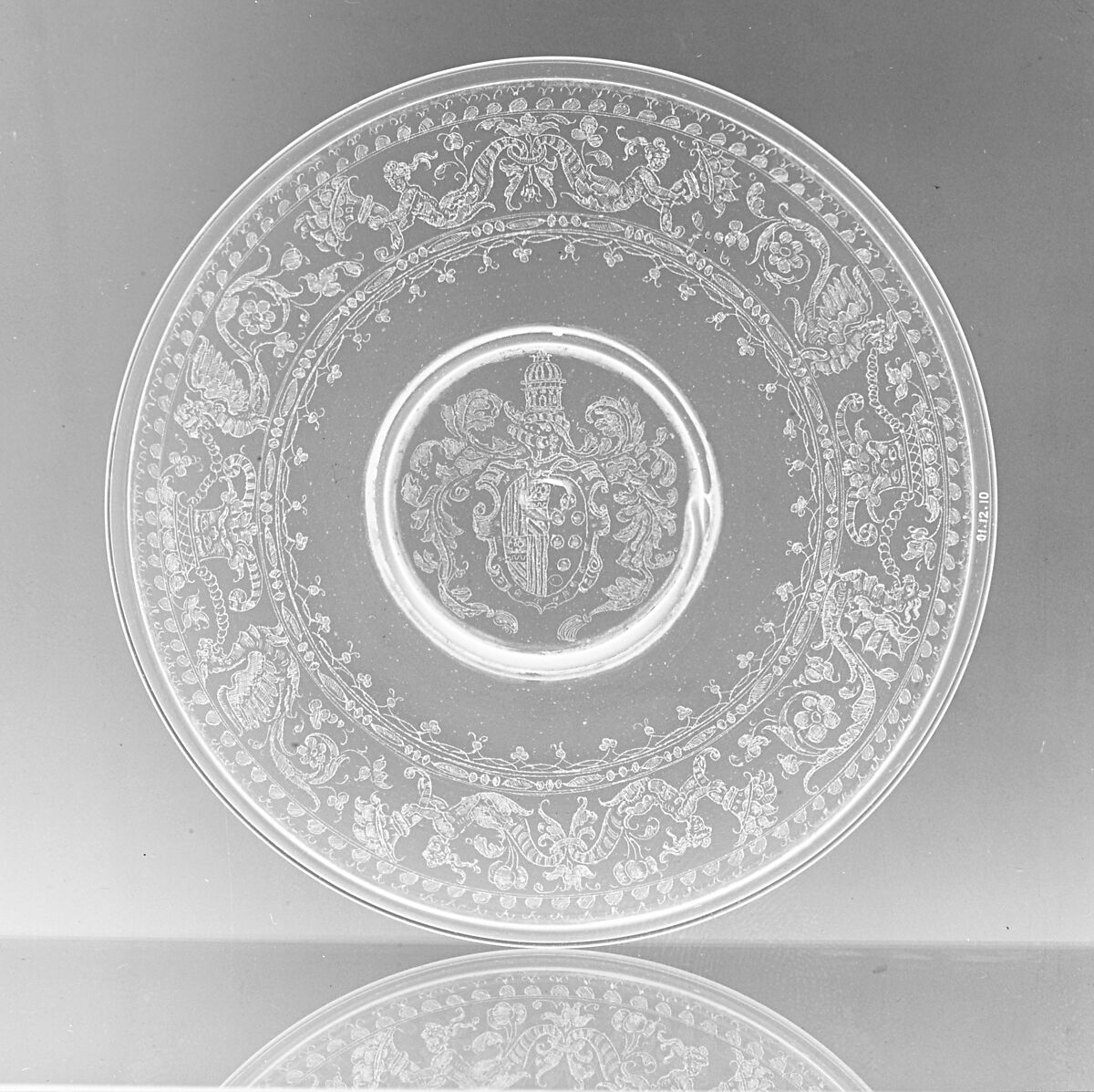 Spice plate, Glass, diamond-engraved, Italian, Venice, Murano