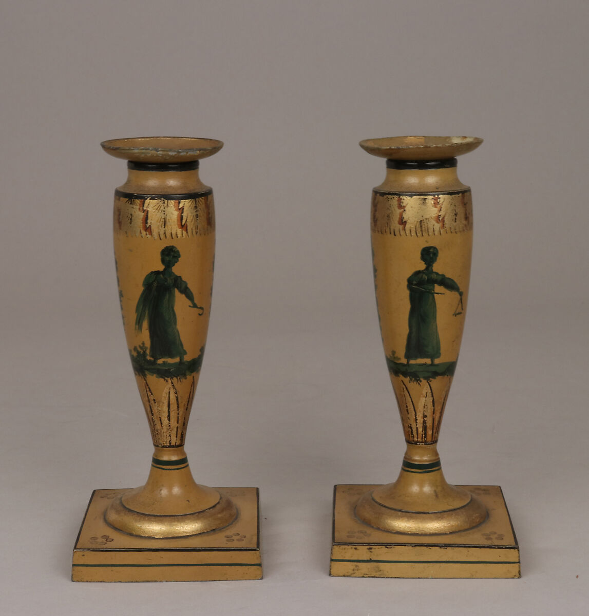 Pair of candlesticks, Pewter, painted, French