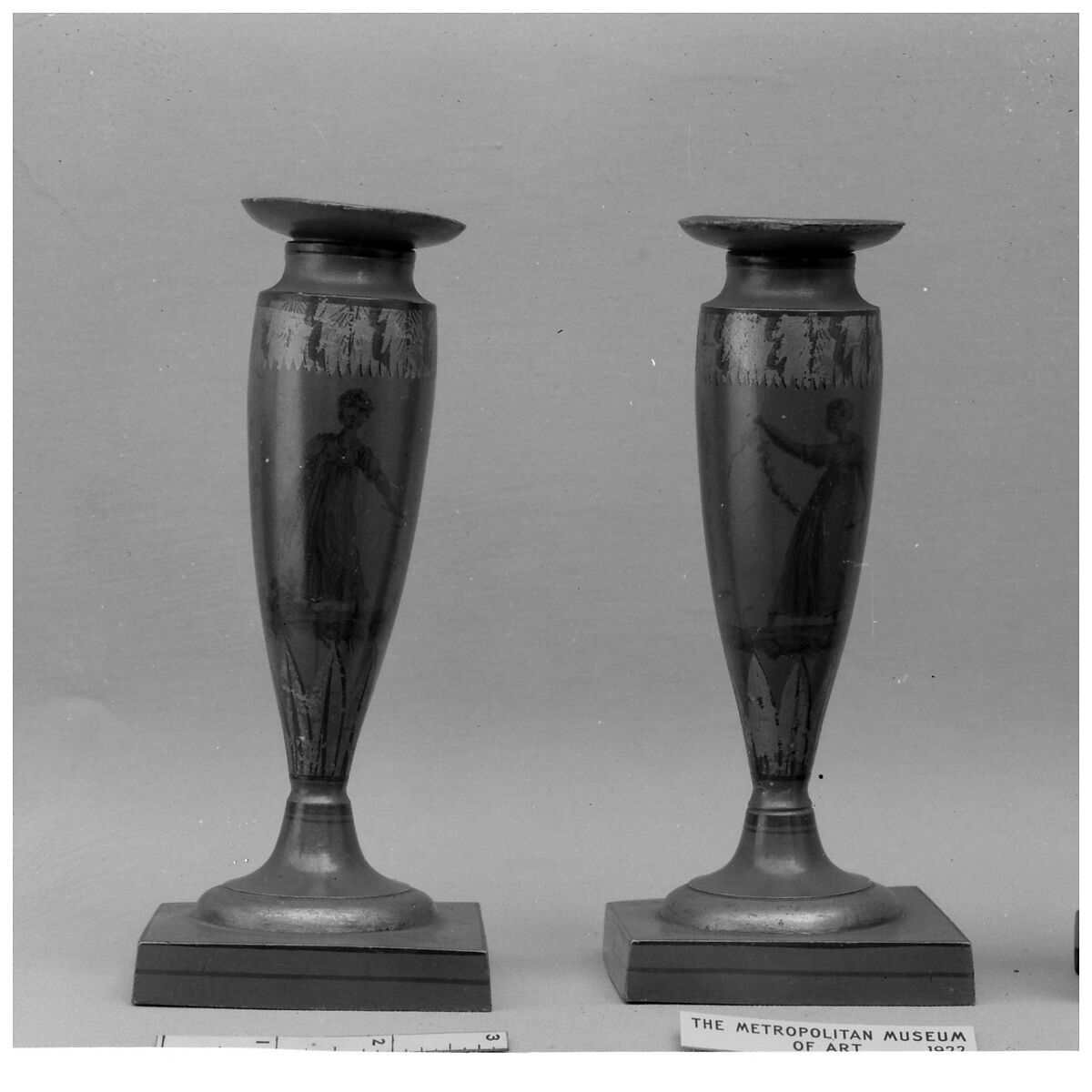 Pair of candlesticks, Pewter, painted, French