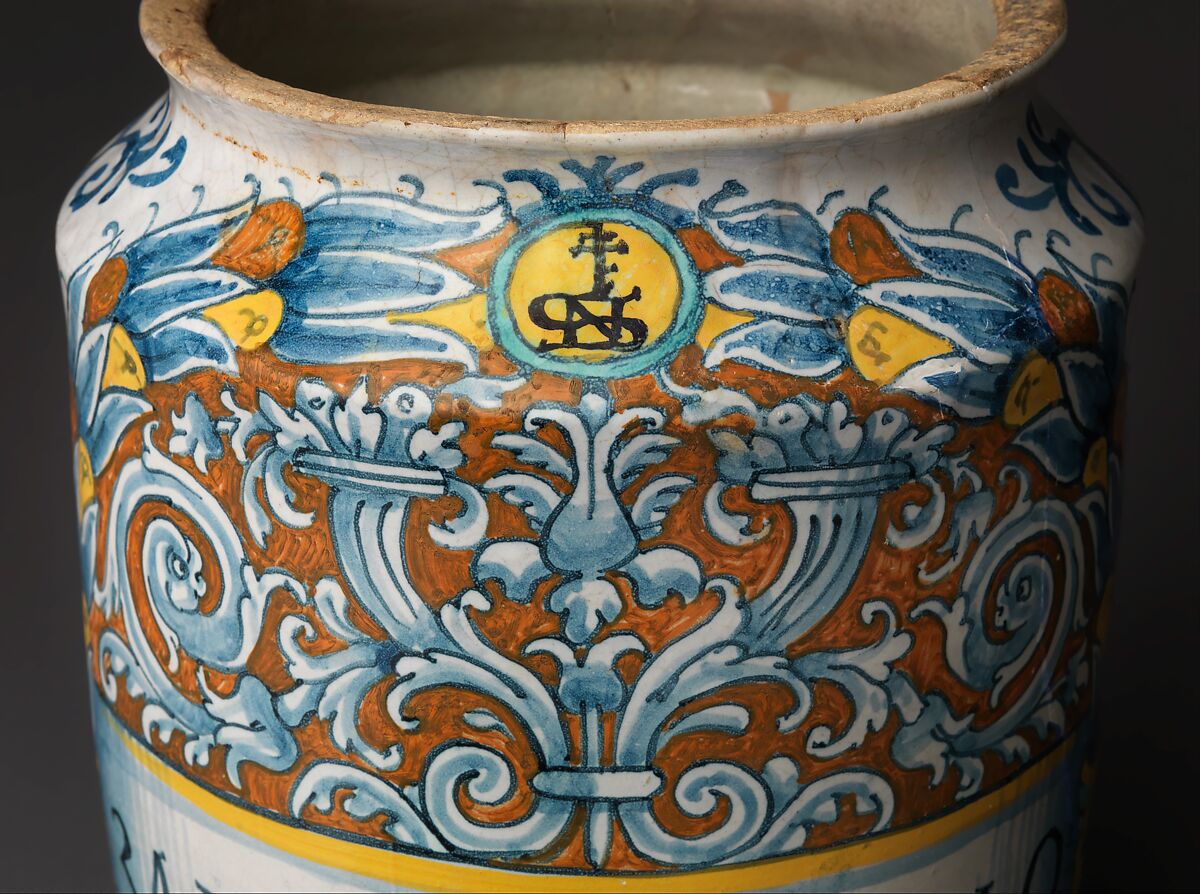 Pharmacy jar (albarello), Probably workshop of Giacomo Mancini, "El Frate" (Italian, active ca. 1540–60), Maiolica (tin-glazed earthenware), Italian, Deruta