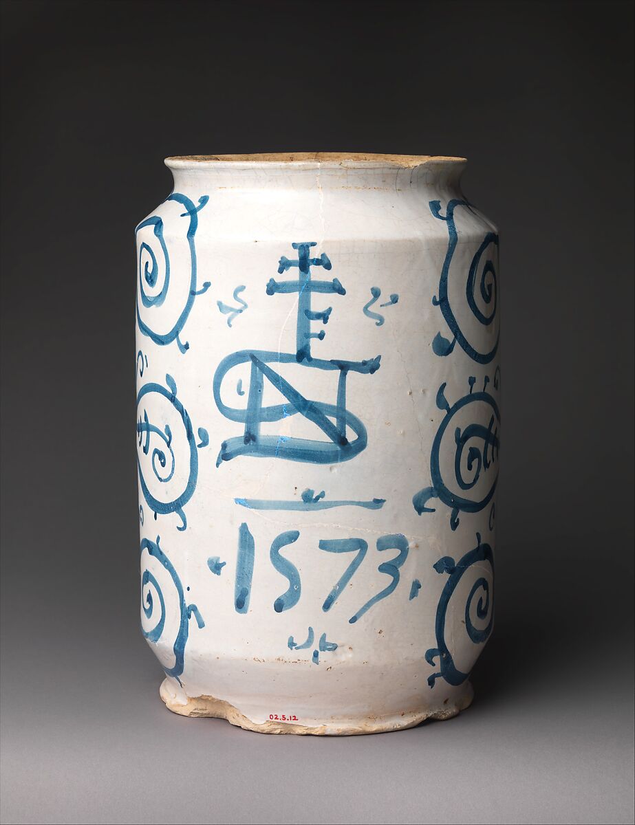Pharmacy jar (albarello), Probably workshop of Giacomo Mancini, "El Frate" (Italian, active ca. 1540–60), Maiolica (tin-glazed earthenware), Italian, Deruta