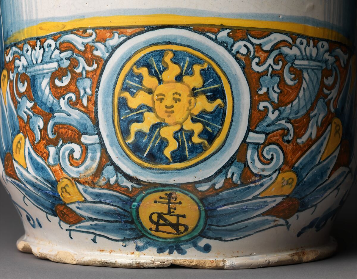 Pharmacy jar (albarello), Probably workshop of Giacomo Mancini, "El Frate" (Italian, active ca. 1540–60), Maiolica (tin-glazed earthenware), Italian, Deruta
