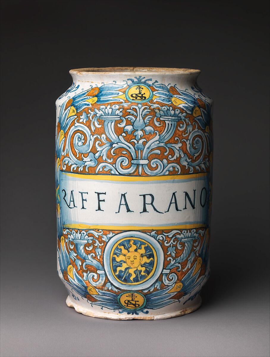 Pharmacy jar (albarello), Probably workshop of Giacomo Mancini, "El Frate" (Italian, active ca. 1540–60), Maiolica (tin-glazed earthenware), Italian, Deruta 