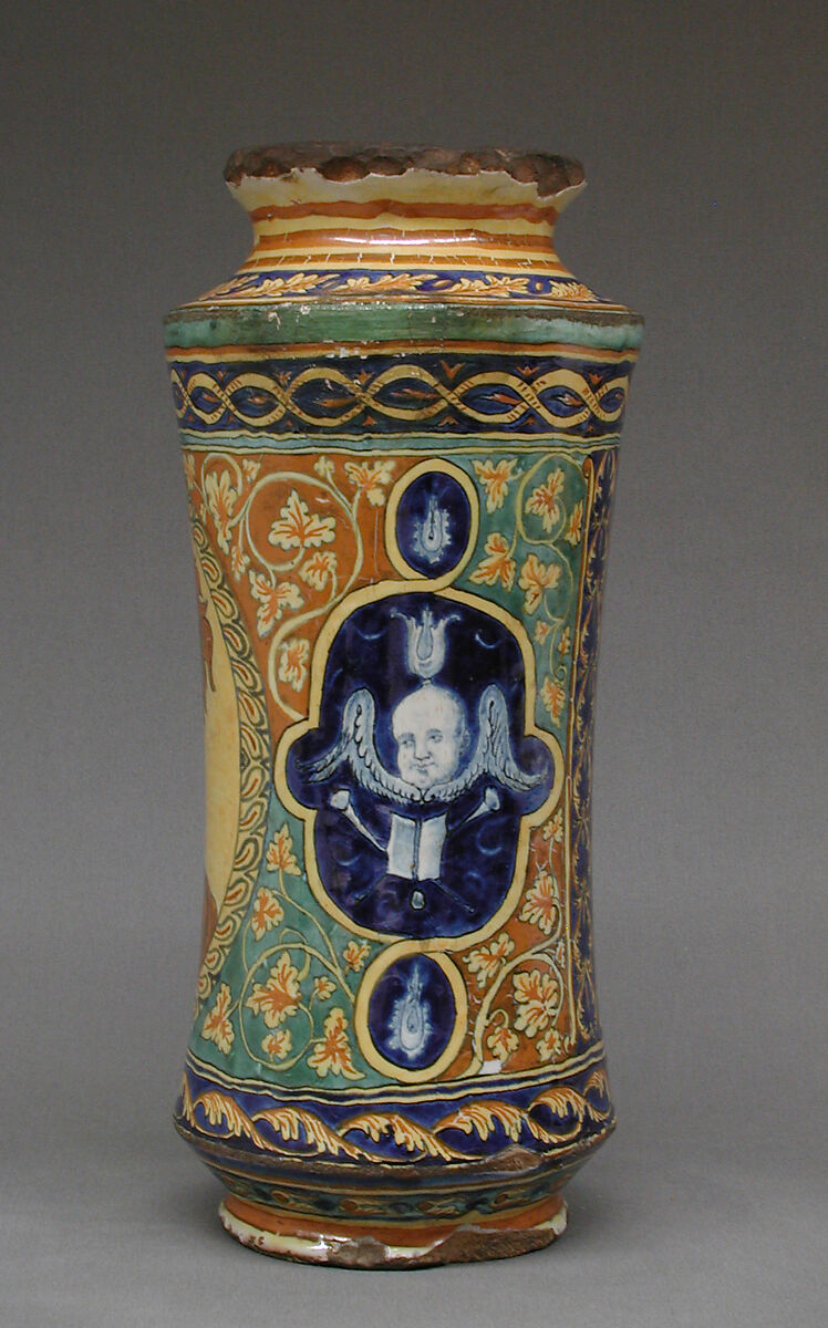 Pharmacy jar (albarello), Maiolica (tin-glazed earthenware), possibly Italian, Sicily
