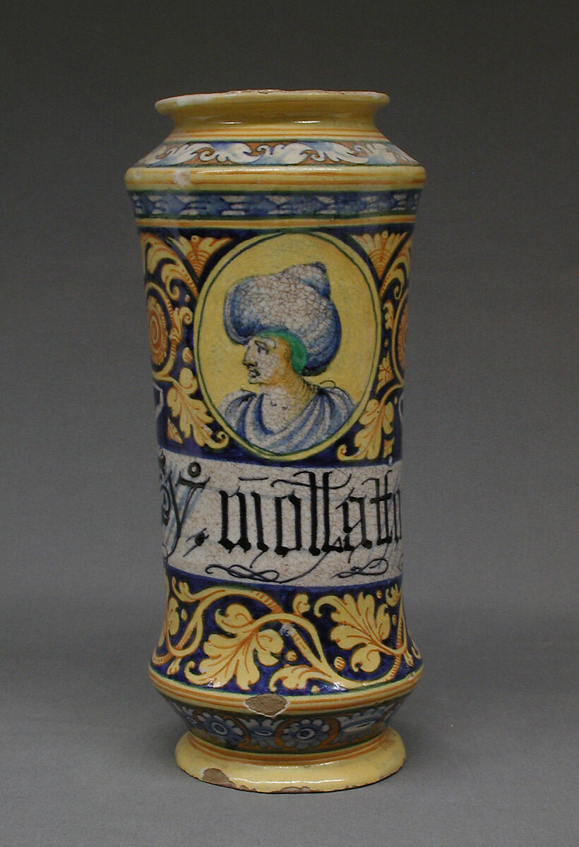 Albarello, Maiolica (tin-glazed earthenware), Italian, Sicily 