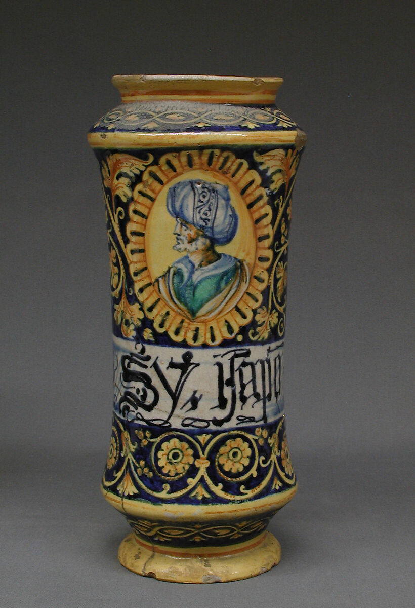 Albarello, Maiolica (tin-glazed earthenware), Italian, Sicily or Faenza 