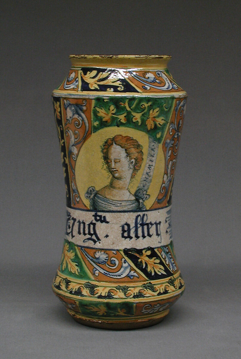 Pharmacy jar (albarello), Maiolica (tin-glazed earthenware), Italian, Castel Durante or Sicily 