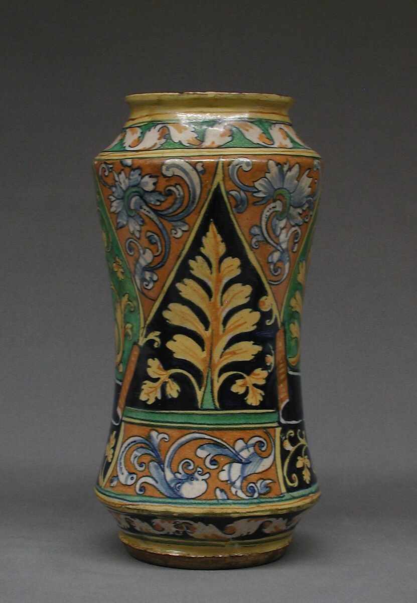 Albarello, Maiolica (tin-glazed earthenware), Italian, Castel Durante or Sicily
