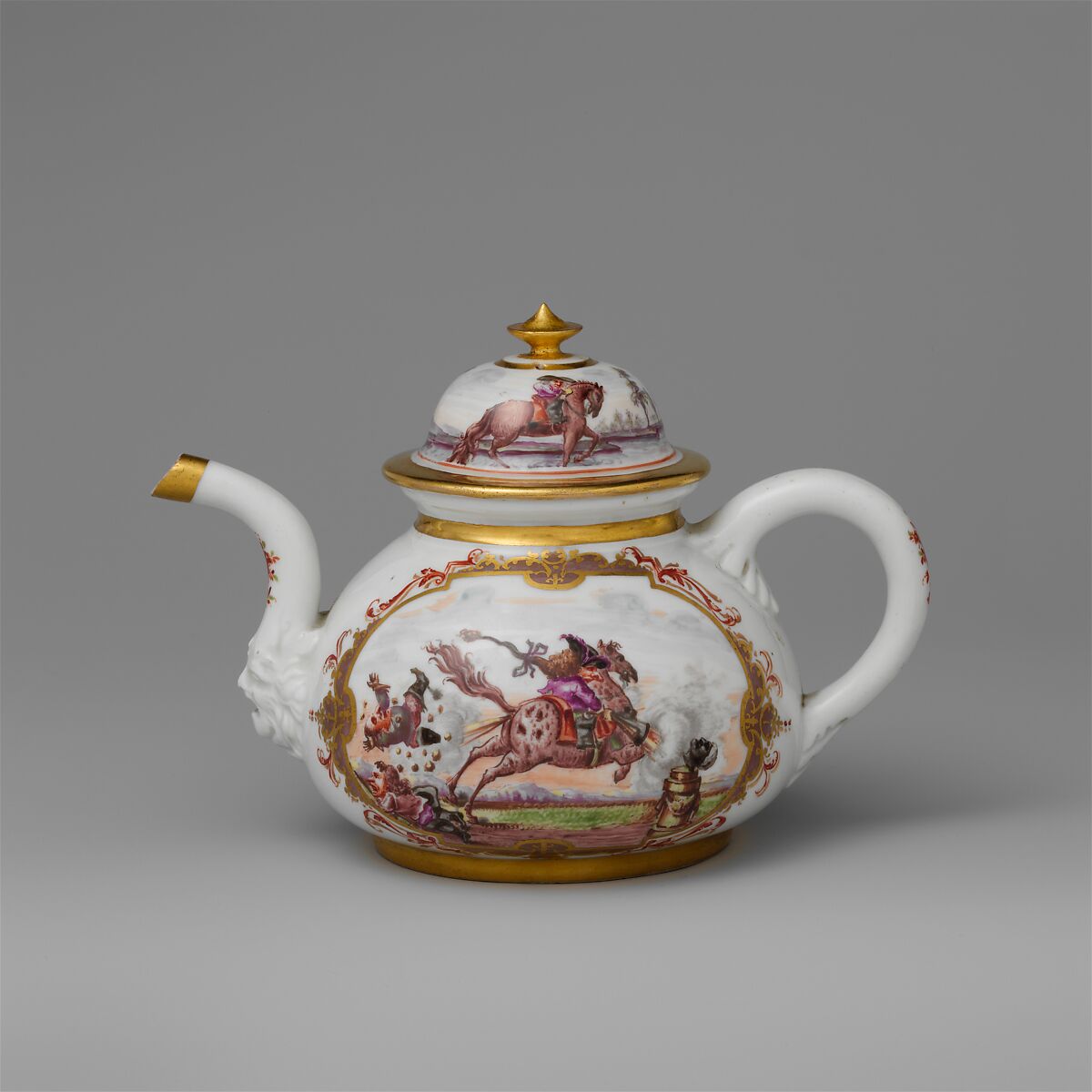 Teapot with equestrian scene, Meissen Manufactory (German, 1710–present), Hard-paste porcelain decorated in polychrome enamels, gold, German, Meissen 