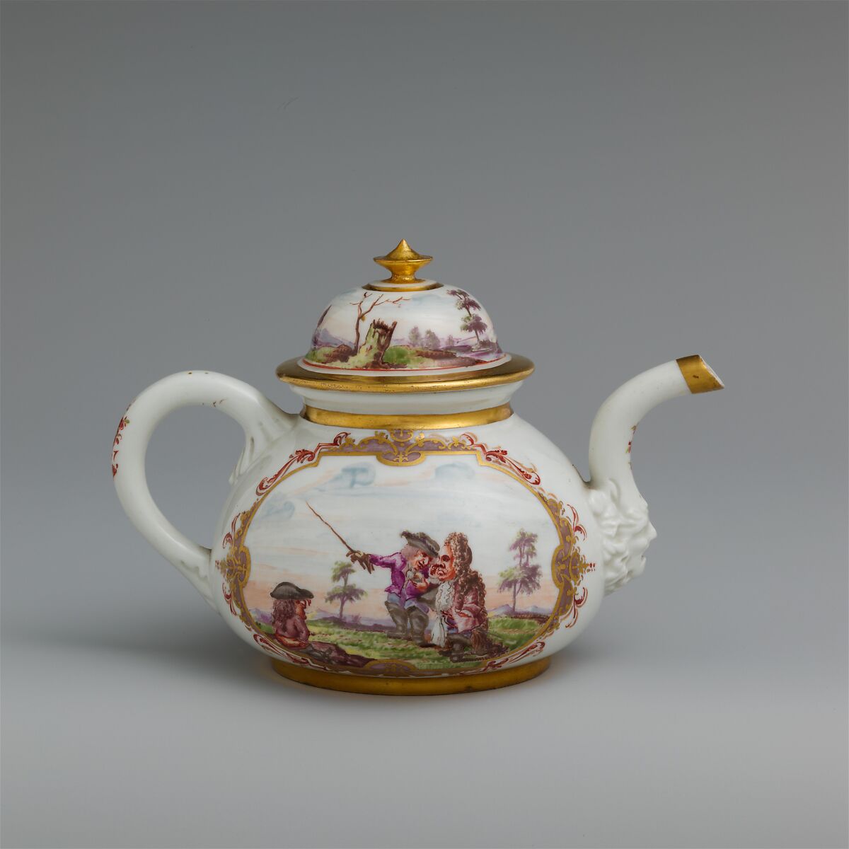 Teapot with equestrian scene, Meissen Manufactory (German, 1710–present), Hard-paste porcelain decorated in polychrome enamels, gold, German, Meissen