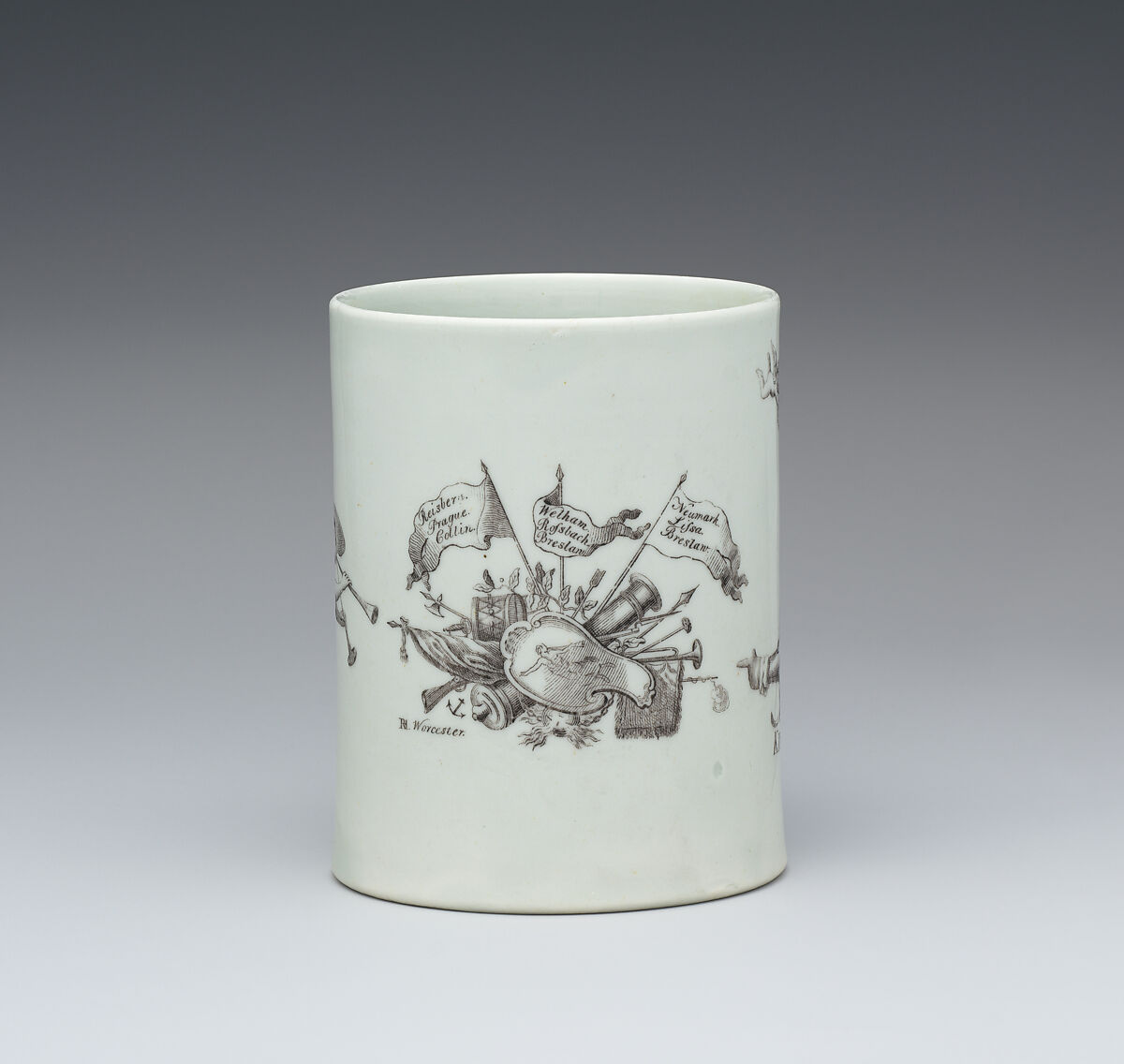 Mug with portrait of Frederick the Great, Worcester factory (British, 1751–2008), Soft-paste porcelain, British, Worcester