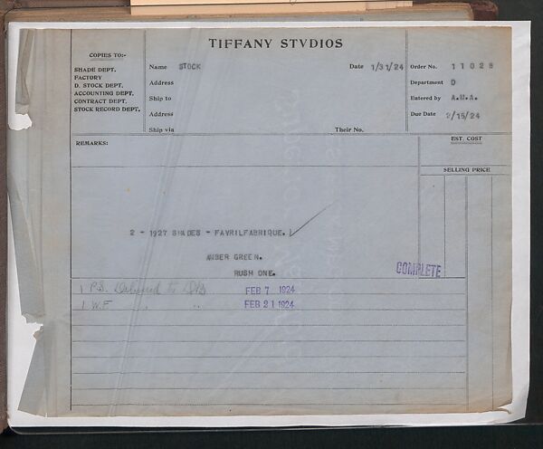 Tiffany Studios Lamp Department Ledger Book, Tiffany Studios (1902–32), pencil and ink on paper, American