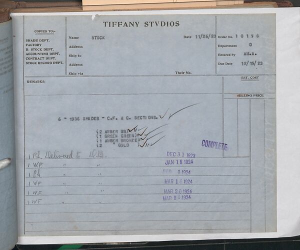 Tiffany Studios Lamp Department Ledger Book, Tiffany Studios (1902–32), pencil and ink on paper, American
