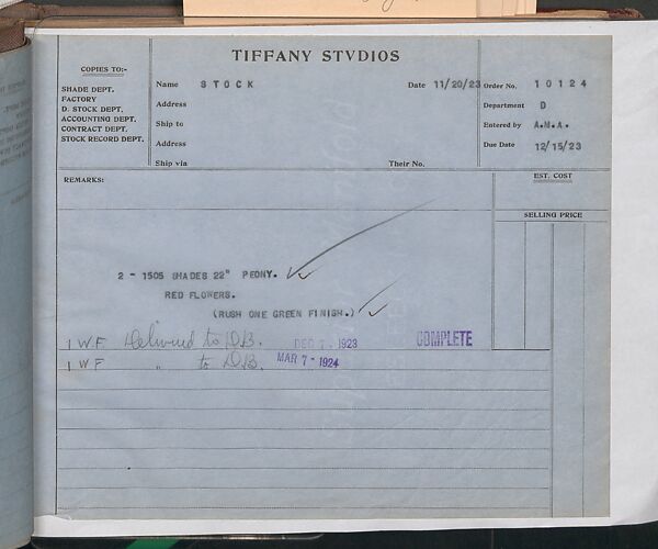 Tiffany Studios Lamp Department Ledger Book, Tiffany Studios (1902–32), pencil and ink on paper, American