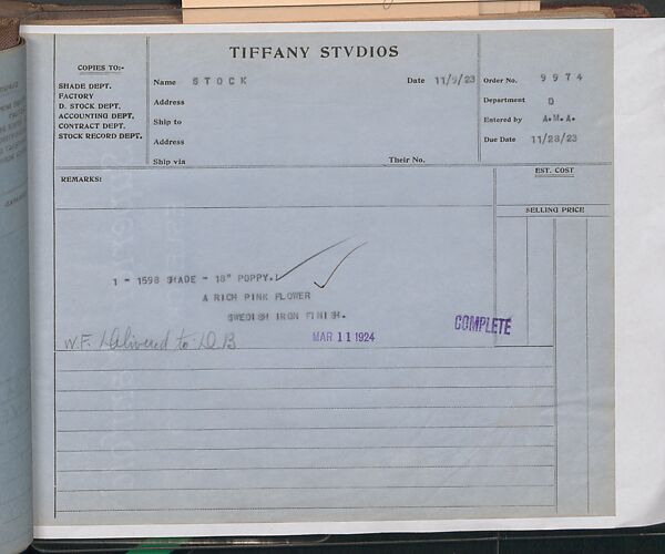 Tiffany Studios Lamp Department Ledger Book, Tiffany Studios (1902–32), pencil and ink on paper, American