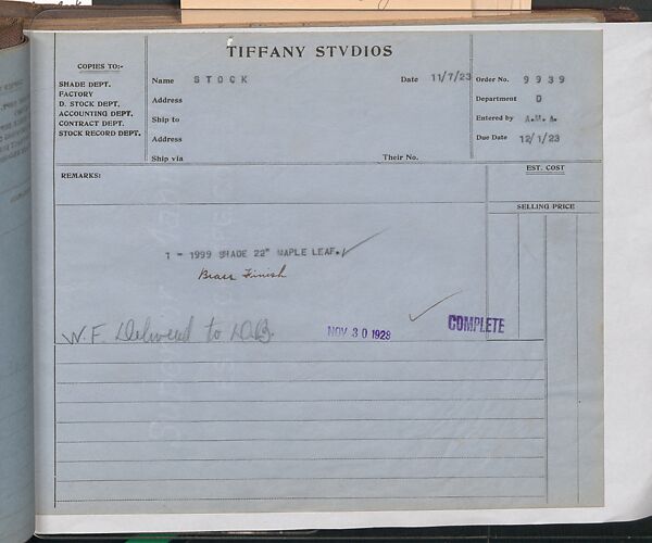 Tiffany Studios Lamp Department Ledger Book, Tiffany Studios (1902–32), pencil and ink on paper, American