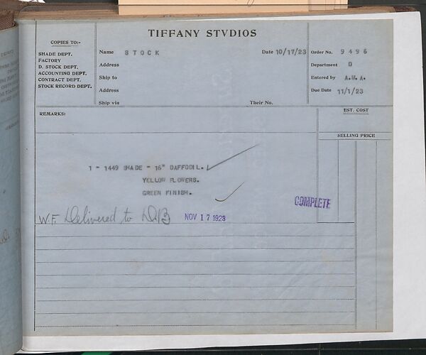 Tiffany Studios Lamp Department Ledger Book, Tiffany Studios (1902–32), pencil and ink on paper, American