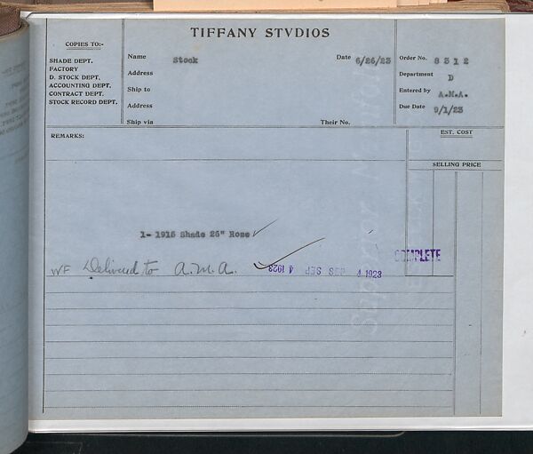 Tiffany Studios Lamp Department Ledger Book, Tiffany Studios (1902–32), pencil and ink on paper, American