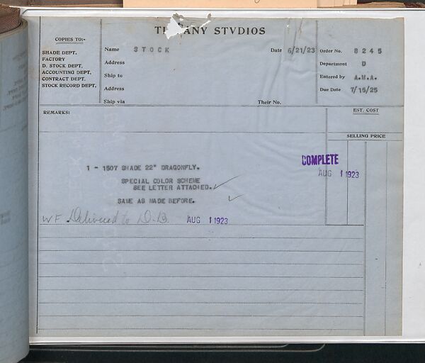 Tiffany Studios Lamp Department Ledger Book, Tiffany Studios (1902–32), pencil and ink on paper, American