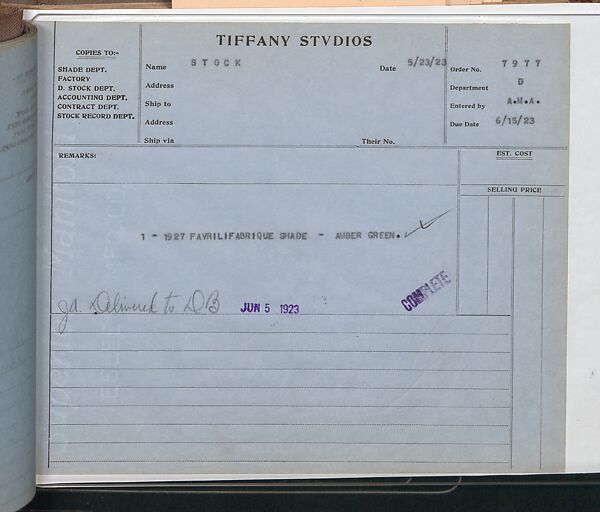 Tiffany Studios Lamp Department Ledger Book, Tiffany Studios (1902–32), pencil and ink on paper, American