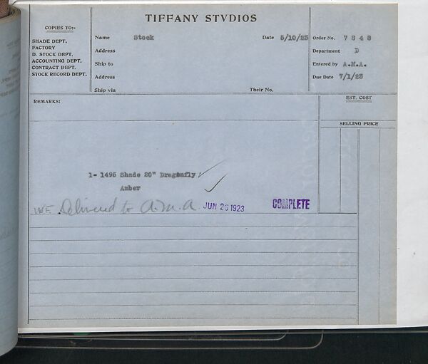 Tiffany Studios Lamp Department Ledger Book, Tiffany Studios (1902–32), pencil and ink on paper, American