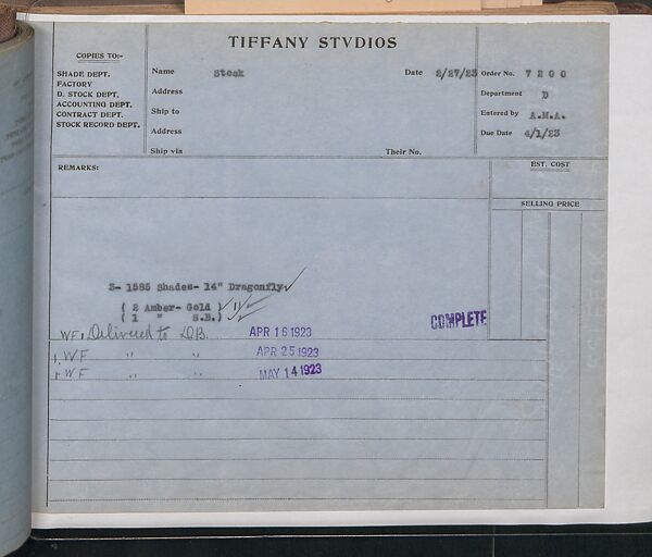 Tiffany Studios Lamp Department Ledger Book, Tiffany Studios (1902–32), pencil and ink on paper, American